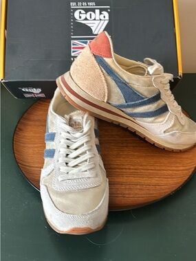 Gola 7.5 Beige , Gold with Blue and Salmon Accent Retro Sneakers